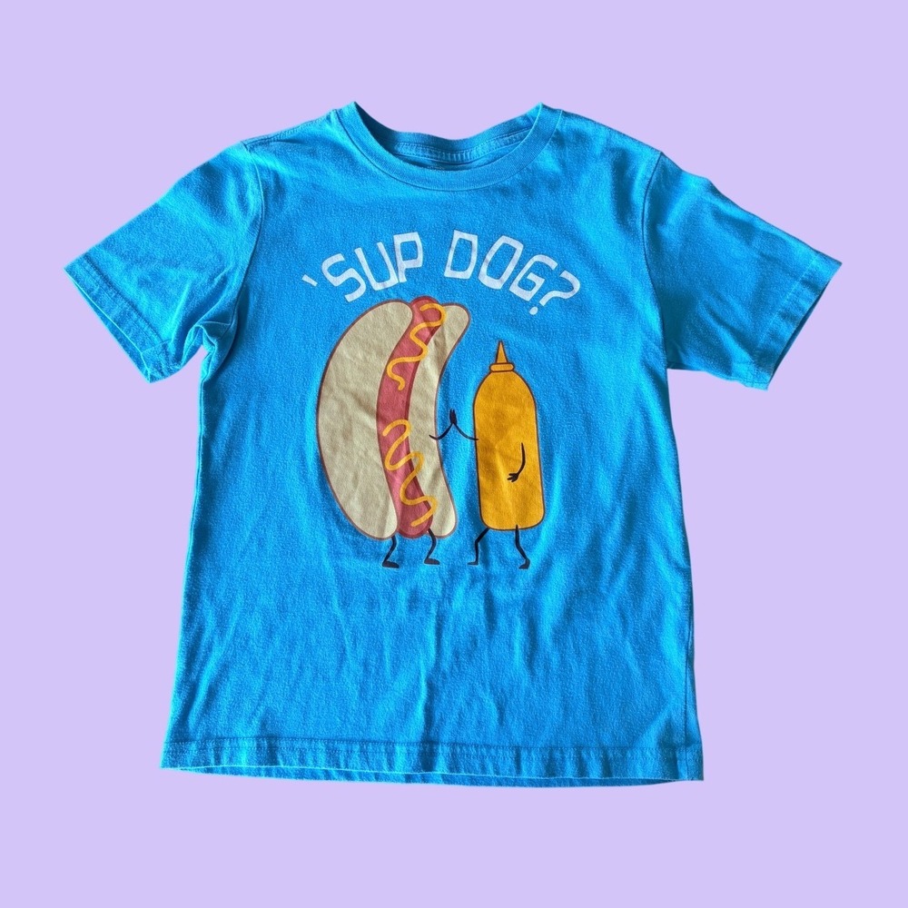 Y2K "Sup Dog" Hot Dog Mustard Graphic T-Shirt Short Sleeve Baby Tee Scene #17